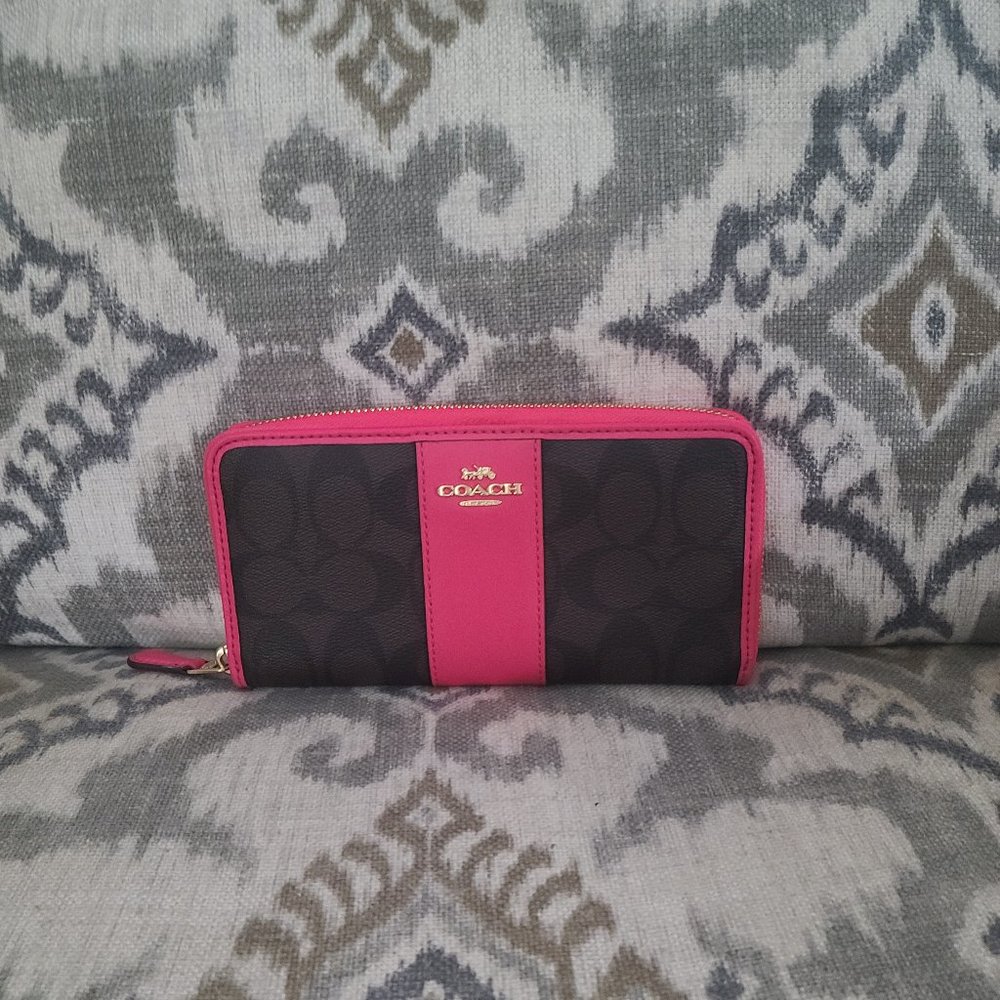 Coach Wallet in Signature Brown and Neon Pink Zip